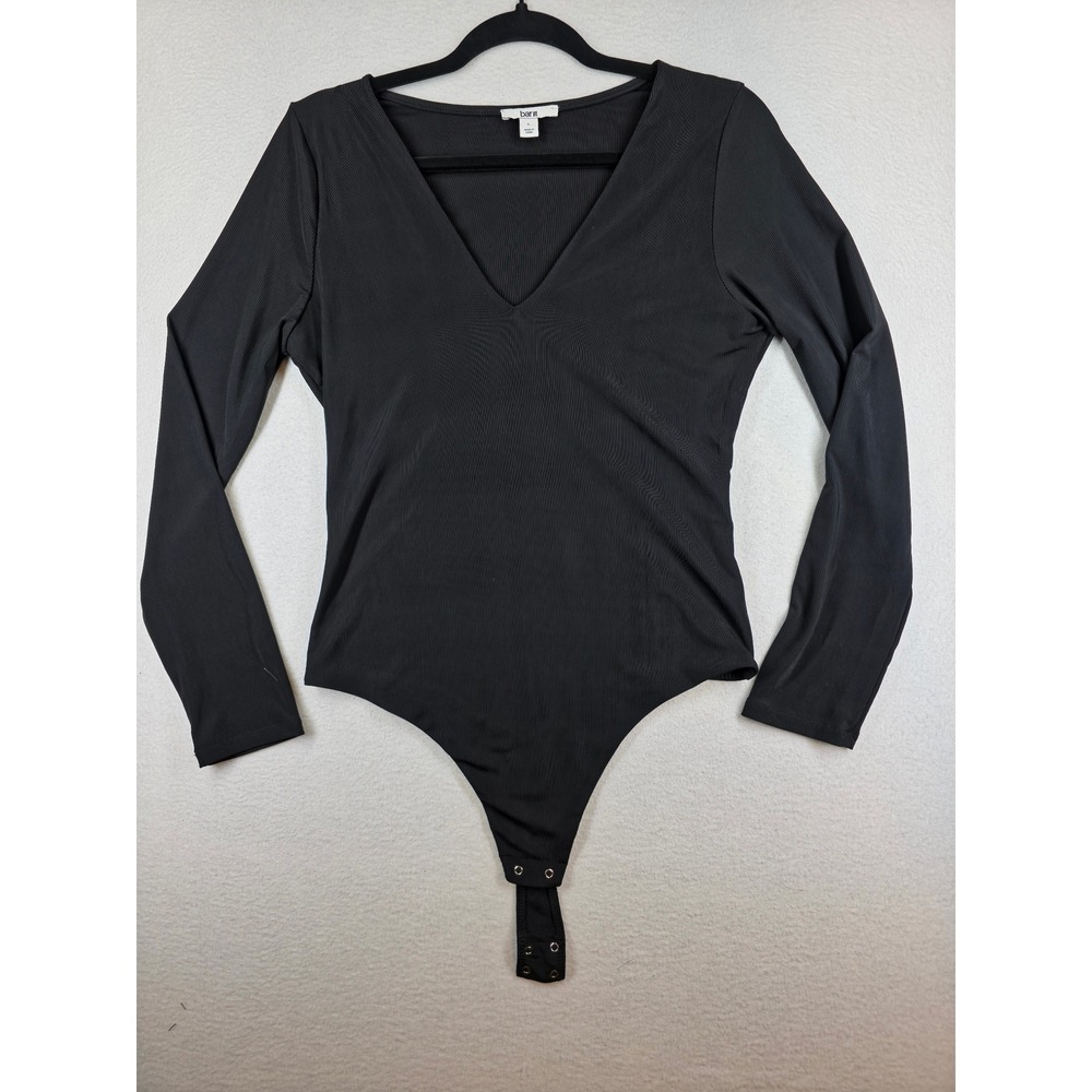 Bar III Womens Black Ribbed Long Sleeve V-Neck Bodysuit Snap Closure Size L
